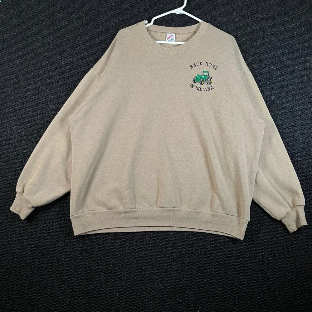 Vintage Jerzees Back Home In Indiana Tractor Stitch Tan Crewneck Sweater Men‎ 2X